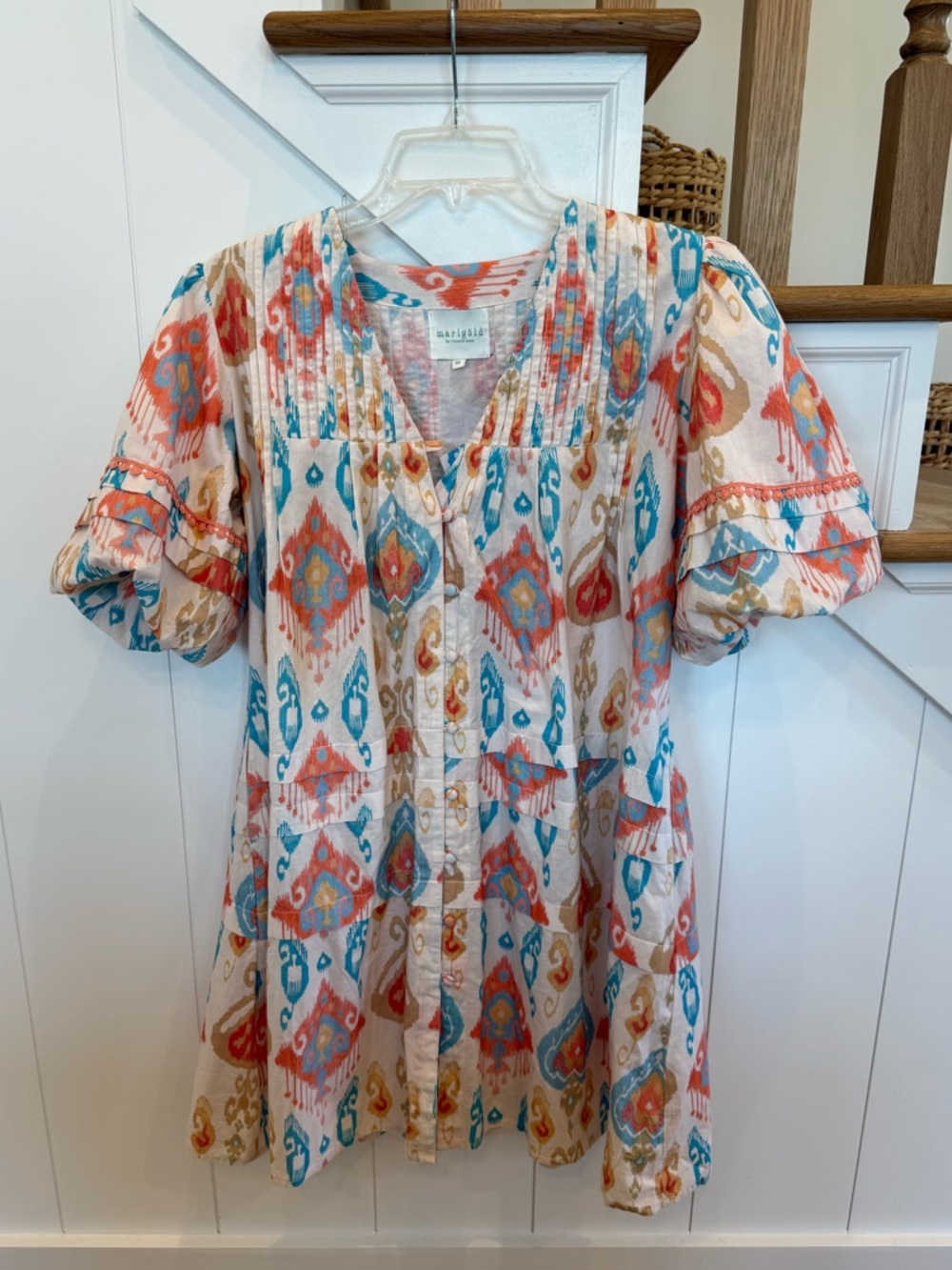 Marigold Victoria Dunn Camille Sunkissed Ikat Boho Mini Dress Puff Sleeve Medium
